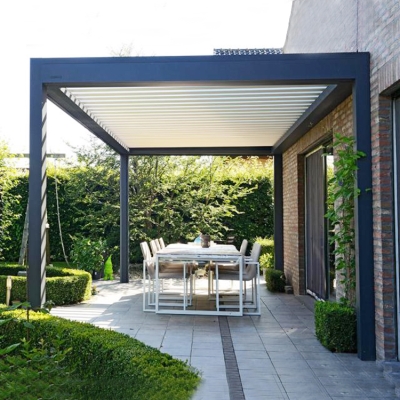Elegant Square Tube Bioclimatic customized waterproof aluminum pergolas motorized with LED light pergola cars
