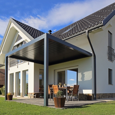 Sun Rays Controllable aluminum pergolas design patio  louver roof  Pergola with glass sliding doors