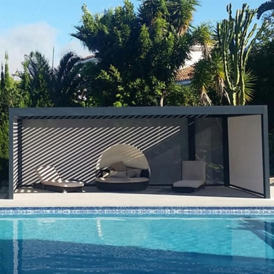 Outdoor Furniture Waterproof Aluminum Motorized Bioclimatic Pergola With LED Lights And Curtains