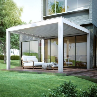 Motorized rainproof outdoor area louver pergola