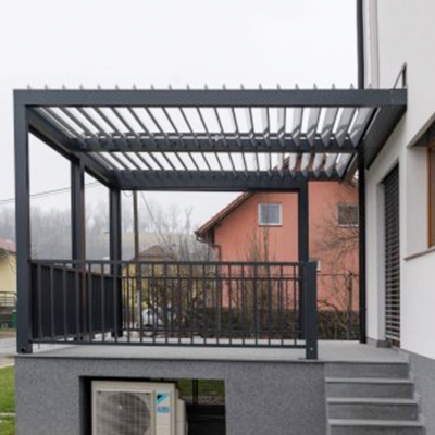 Bioclimatic pergola back yard retractable outdoor furniture set aluminium with tilt and LED lighting