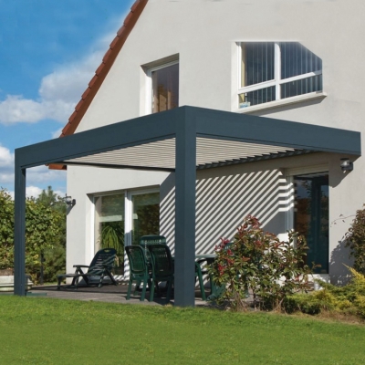 Custom rainproof eco- friendly waterproof motorised louvred pergola roof for terrace