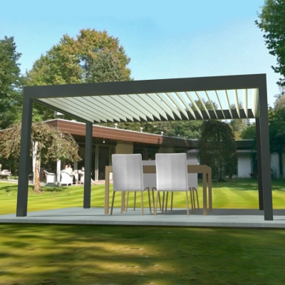 Waterproof easily assembled motorised pergola louvered roof system with sliding shades