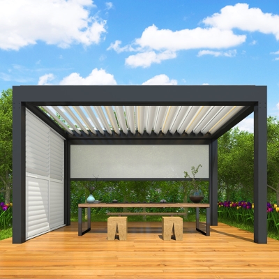 Modern electric waterproof louvered pergola roof cover with side screen