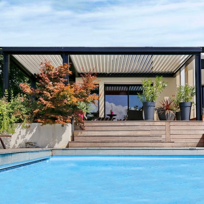 outdoor rainproof louver roof aluminum motorized pergola with LED lighting