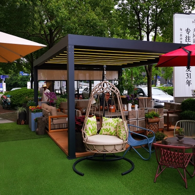 China Garden Waterproof Remote Control  Retractable Roof Aluminum Pergola with Glass Sliding Door