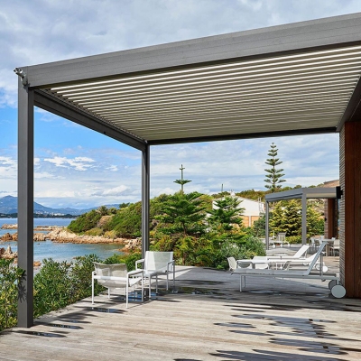 Motorized Design Bioclimatic Modern Aluminum Pergola  With Adjustable Louve roof and side curtain