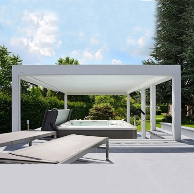 Motorized horizontal opening aluminum slats outdoor pergola with louvered roof